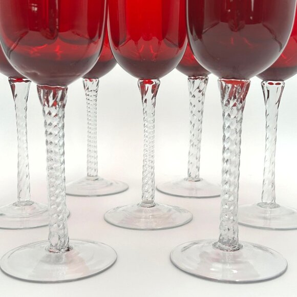 Long Stem, Hand Blown, Red with Clear Twisted Stem Wine Glasses, Set of 7, Tulip - Picture 2 of 9